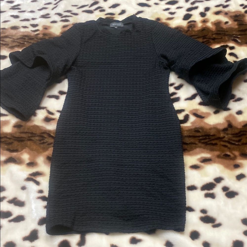 Gracia Black Ribbed Bodycon Dress with Bell Sleeves